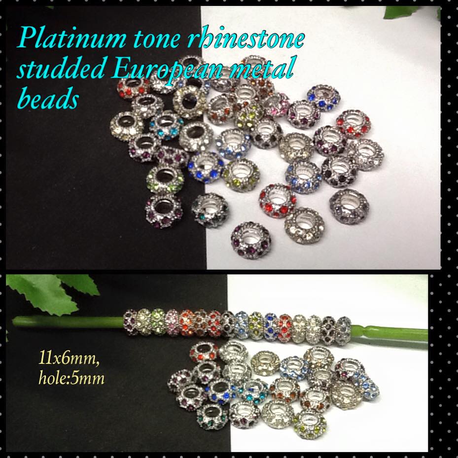 Silver Tone Alloy Grade A Rhinestone Large Hole Rondelle European Beads 11x6mm 