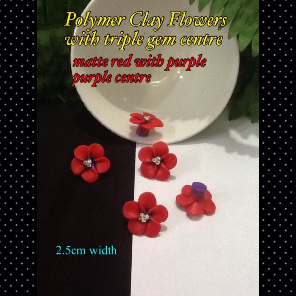 25mm Matte red/purple centre Polymer Clay Flowers with triple gem centre