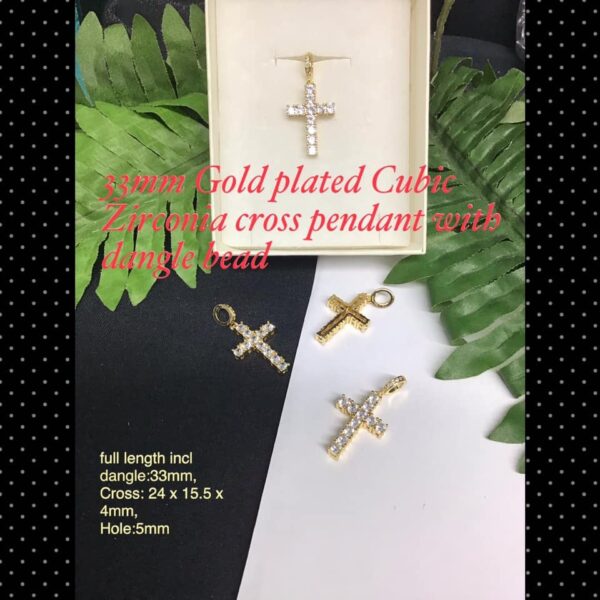 33mm Gold plated CZ cross pendant with dangle bead