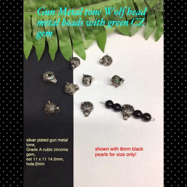 Gun Metal tone Wolf head metal beads with green CZ gem