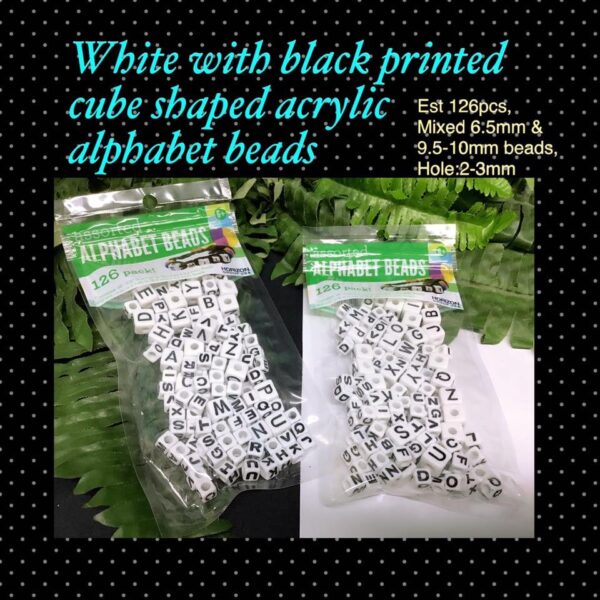 White with black printed cube shaped acrylic alphabet beads