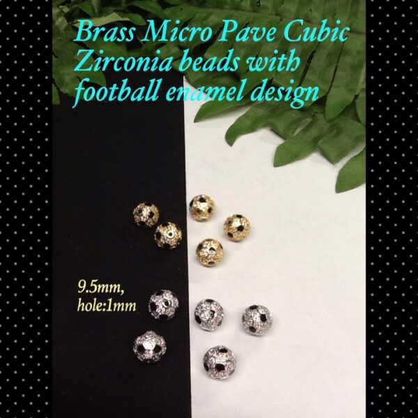 Platinum tone Brass Micro Pave Cubic Zirconia beads with football enamel design