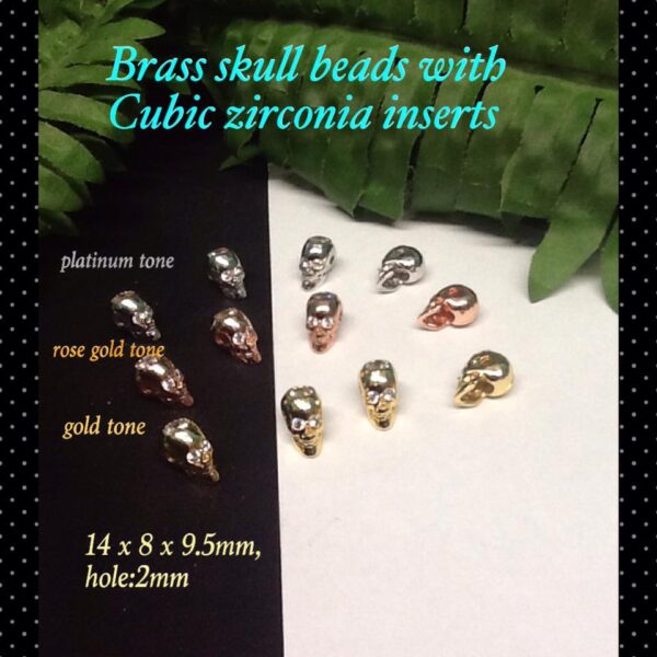 Brass skull beads with cubic zirconia inserts