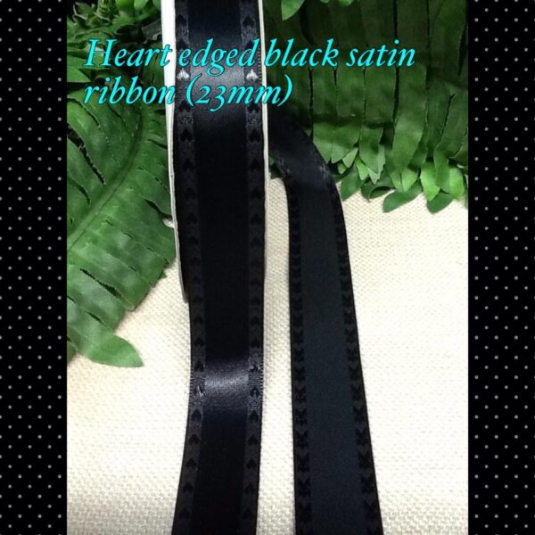 Heart edged black satin ribbon (per yard)