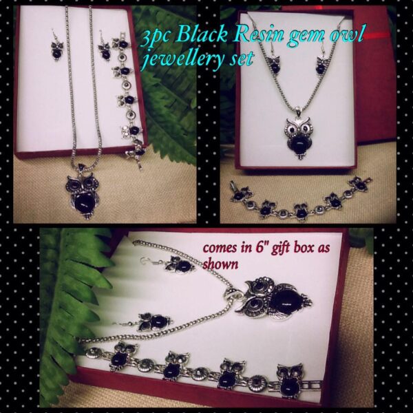 3pc Black Resin gem owl jewelry set (no box!)