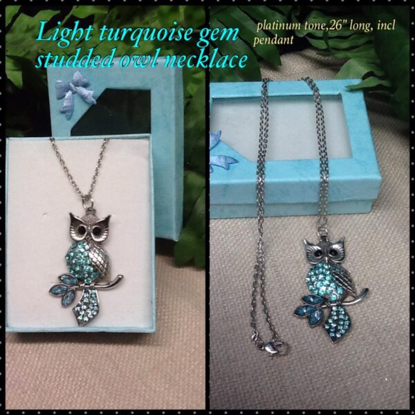 Light Turquoise Gem Studded Owl Necklace