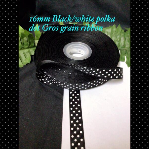 16mm Black/white polka dot gros grain ribbon (per yard)