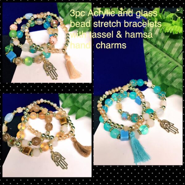 Light Blue 3pc Acrylic /glass bead stretch bracelets with tassel/hamsa hand charms (pouch) 30% off!