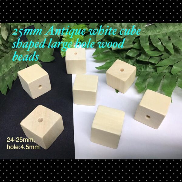 25mm Antique white large hole Square wood beads (5pcs)