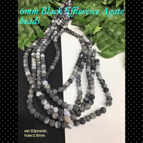 6mm Black Effloresce Agate beads (est 60-63pcs)