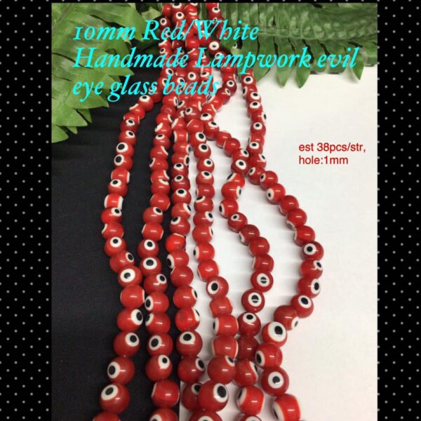 10mm Red/white multi tone Handmade Lampwork evil eye glass beads (est 37-38pcs)