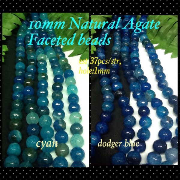 10mm Dodger Blue Natural Agate faceted beads