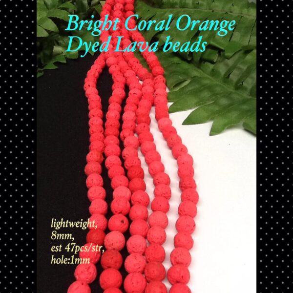 8mm Bright Coral orange dyed Natural Lava beads