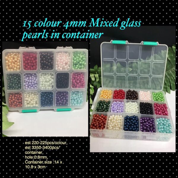 15 colour 4mm mixed glass pearls in container