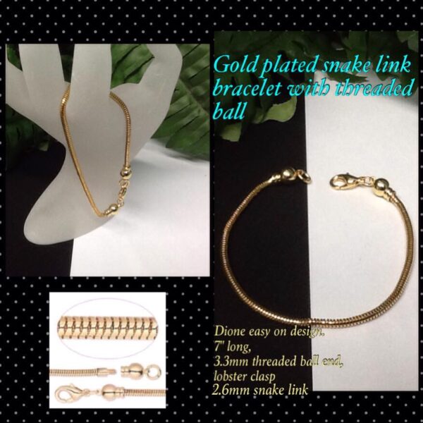 Gold plated snake link bracelet with threaded ball