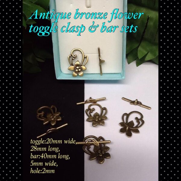 28mm Antique bronze flower toggle clasp and bar set (5 sets)