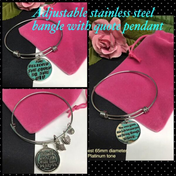 Adjustable stainless steel bangles with quote pendants