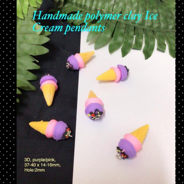 Handmade polymer clay Ice Cream pendants (pink/purple)