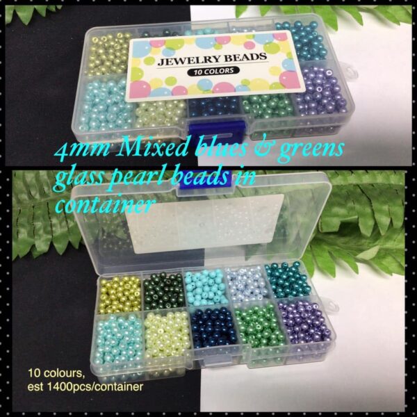 4mm Mixed blues and greens glass pearl beads in container