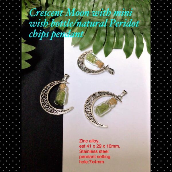 Crescent Moon with mini wish bottle/natural peridot chips pendant