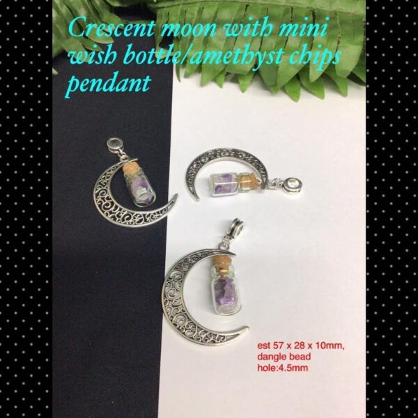 Crescent Moon with mini wish bottle/amethyst chips pendant