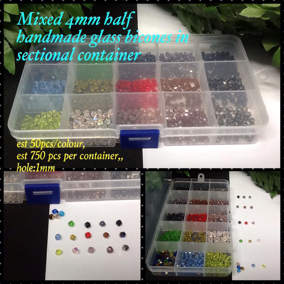 Mixed 4mm half handmade glass bicones in sectional container ...