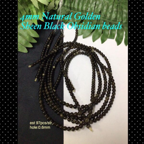 4mm Natural Golden Sheen Black Obsidian beads (est 97pcs)