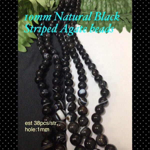 10mm Natural Black Striped Agate beads (est 38pcs)