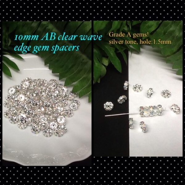 10mm AB clear silver tone wave edge gem spacers