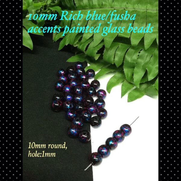 10mm Rich Blue/Fusha accents painted glass beads (est 50pcs)