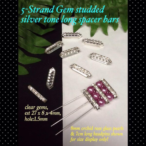 5 Strand Clear gem studded silver tone long spacer bars (5pcs)