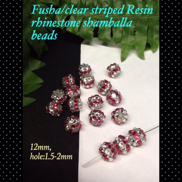 12mm Fusha/clear striped resin rhinestone shamballa beads (10pcs)