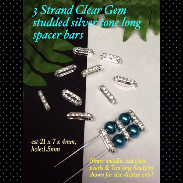 3 Strand Clear gem studded silver tone long spacer bars (6pcs)