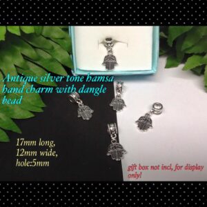 Antique silver tone hamsa hand charm with dangle bead (3pcs)