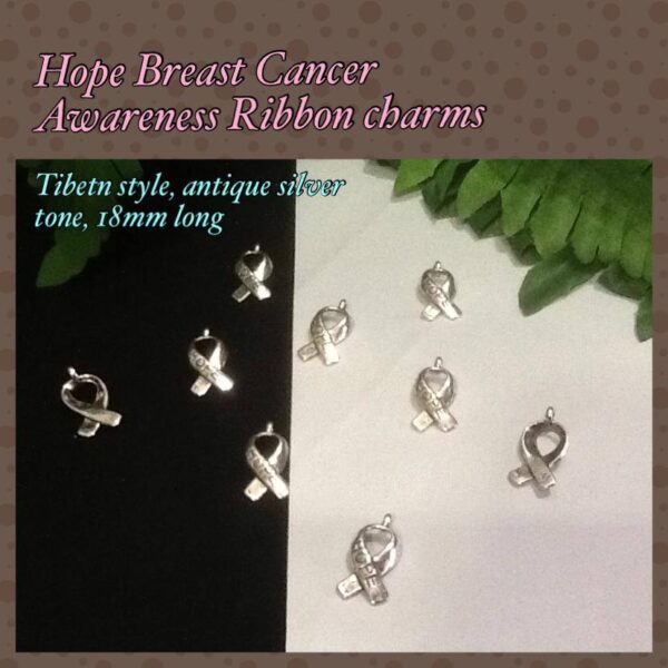 18mm Hope Breast Cancer Awareness Ribbon Charms (antique silver tone) 8pcs