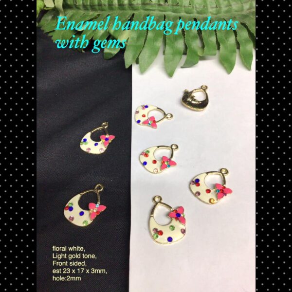 23mm Enamel handbag pendants with gems (floral white)