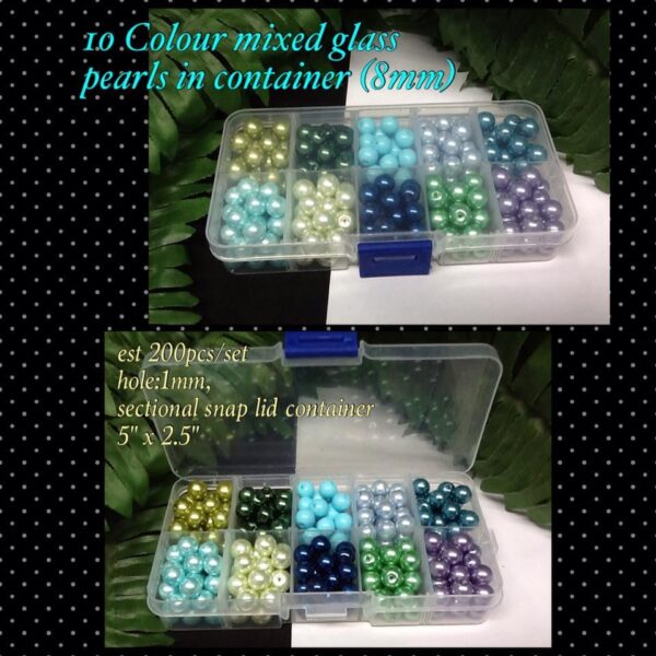 10 Colour mixed glass pearls in container (8mm)