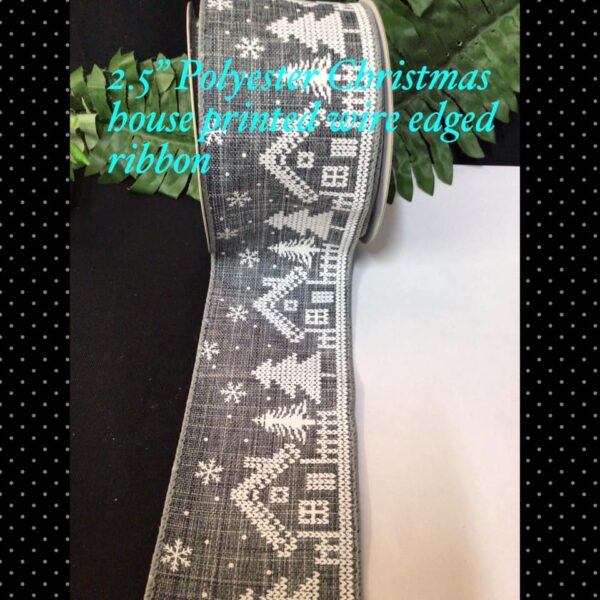 2.5" Christmas house printed wire edged ribbon