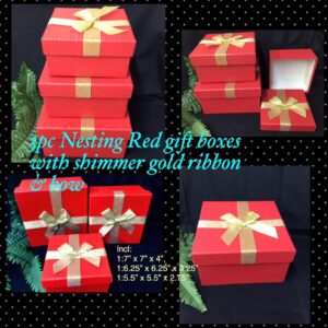3pc Nesting Red Hollow gift boxes with shimmer ribbon/bow