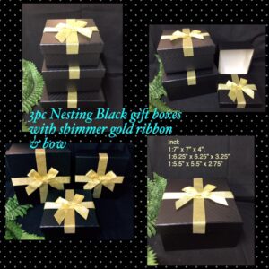 3pc Nesting Black Hollow gift boxes with shimmer ribbon/bow