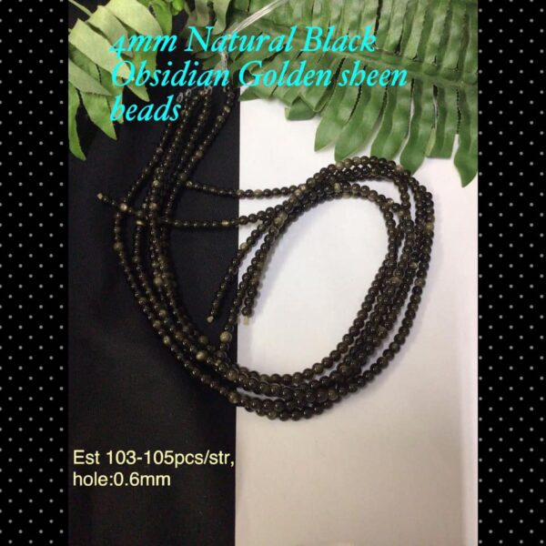 4mm Natural Black Obsidian Golden Sheen beads (est 90-92pcs)