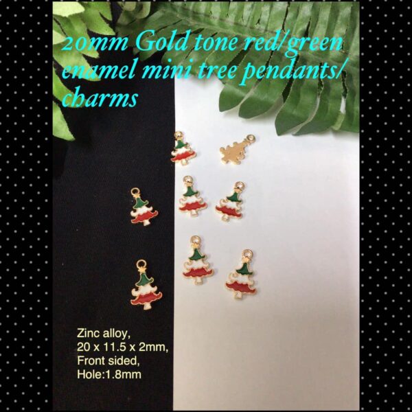 20mm Gold tone red/green enamel mini tree pendants/charms (3pcs)