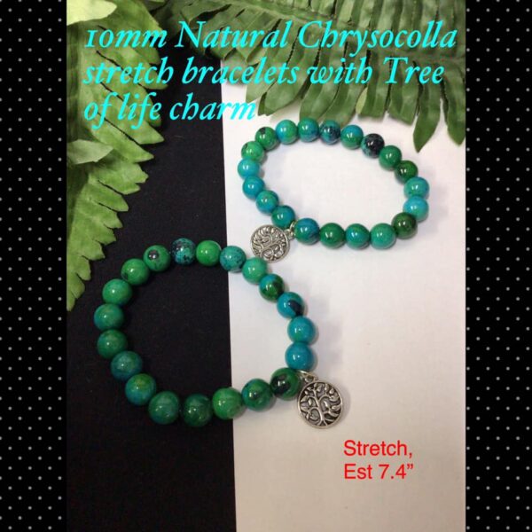 10mm Natural Chrysocolla stretch bracelet with tree of life charm (2pcs)