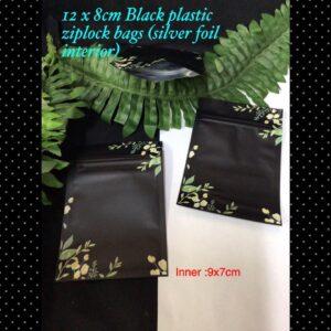 12x8cm Black Plastic ziplock bags (leaves/flowers, silver foil interior) 6pcs