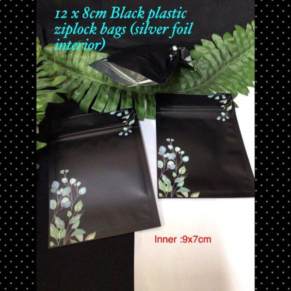 12x8cm Black Plastic ziplock bags (green leaves, silver foil interior) 6pcs