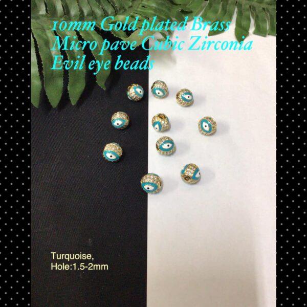 10mm Gold Plated Brass Micro Pave Cubic Zirconia Evil eye beads (turquoise)