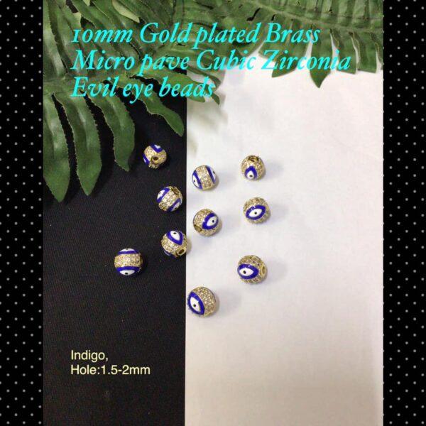 10mm Gold Plated Brass Micro Pave Cubic Zirconia Evil eye beads (indigo)