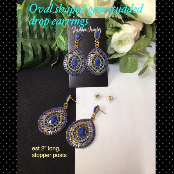 Oval shaped gem studded drop earrings (blue)