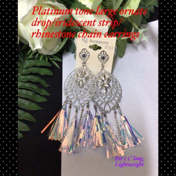 Platinum tone large ornate drop/iridescent strip/rhinestone chain earrings