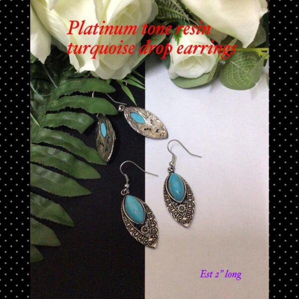 Platinum tone resin turquoise drop earrings